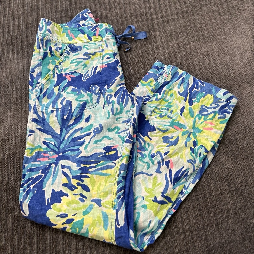 Lilly Pulitzer Womens Linen Wide Leg Pants Blue Green Pink Tropical Beach Size 4 - Picture 3 of 13
